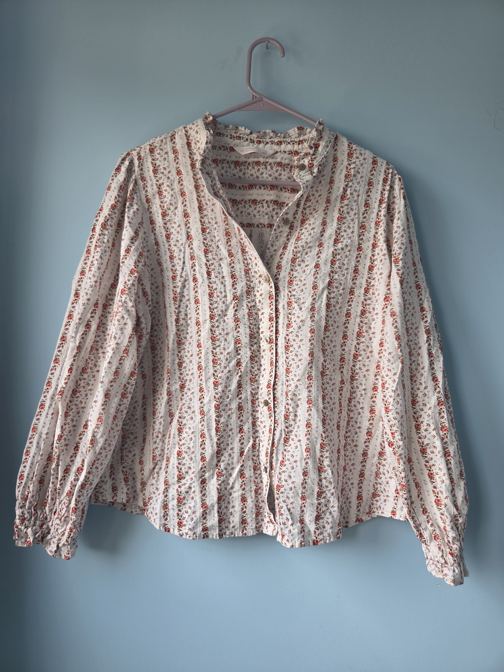 Women’s Cottage Core Floral Stripe Button-Front Top - White with Red Flowers